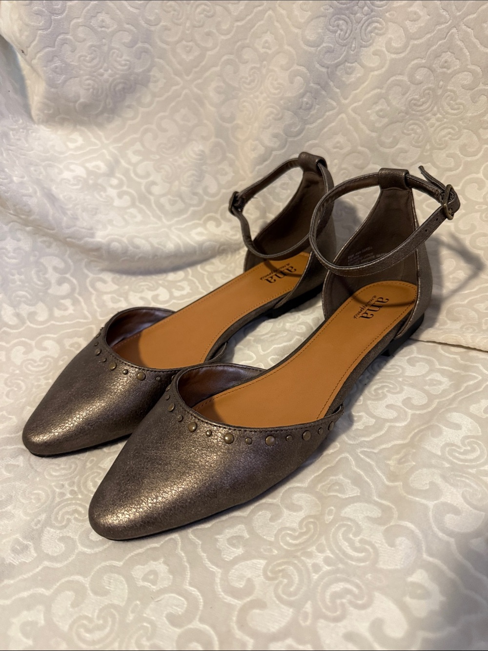 Pointed Ankle-Strap Flats in Metallic Bronze